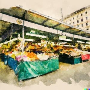 Watercolour painting of a vegetable stand at Naschmarkt Vienna
