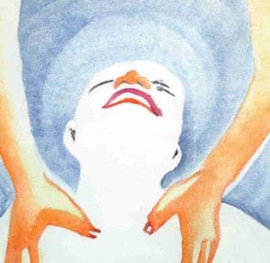 watercolor painting with white outer borders of a happy person getting her back massaged