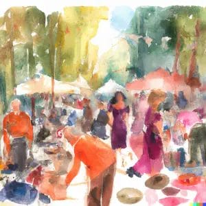watercolor painting of people shopping at the Neubaugasse flea market in Vienna