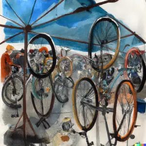 watercolor painting of bicycles at the Vienna bicycle flea market