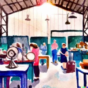 watercolor painting of happy people inside a flea market in a factory hall, sun outside