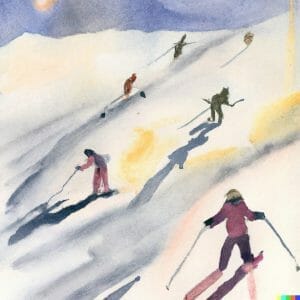 Watercolor painting of people skiing in a ski resort near Vienna