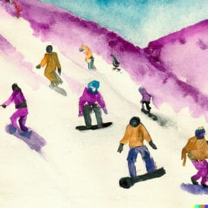 Watercolor painting of people on snowboards and skis on a mountain near vienna