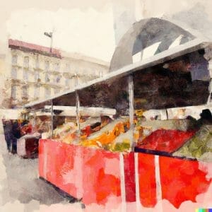 Watercolour painting of a spice stand at Naschmarkt Vienna