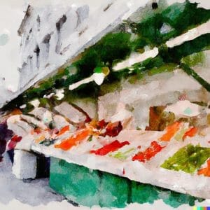 Watercolour painting of a fruit stand at Naschmarkt in Vienna