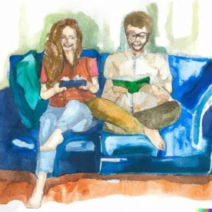 painting of a happy couple reading a book and playing playstation on the sofa